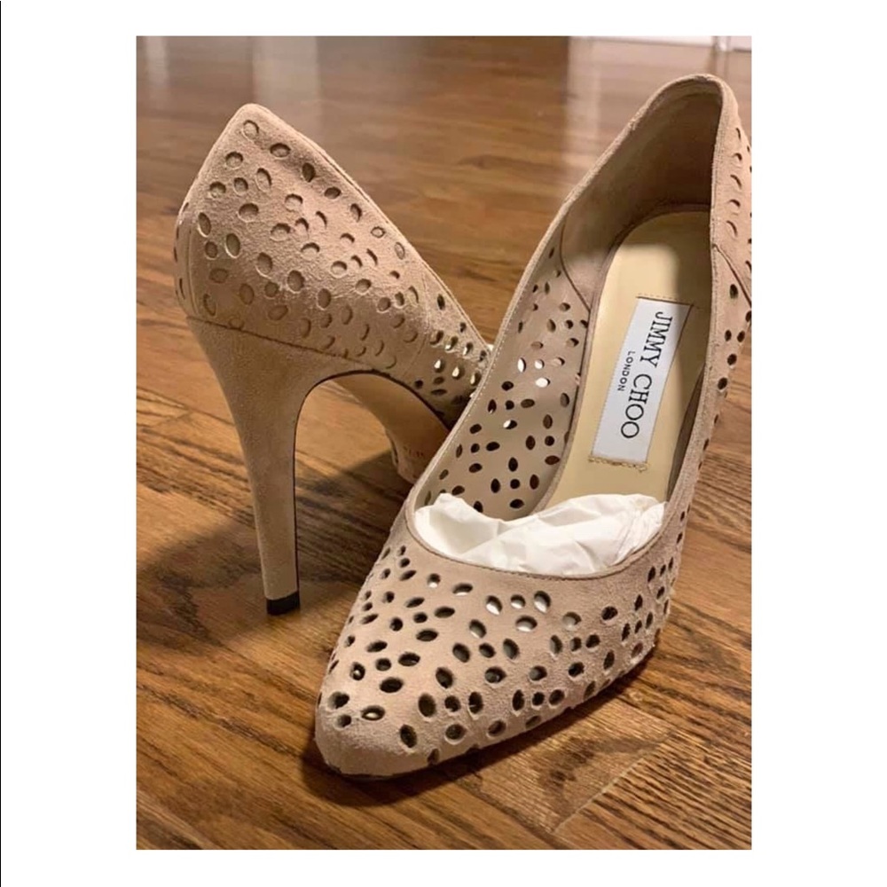 Jimmy Choo Tan Leather Laser Cut Pumps Gem